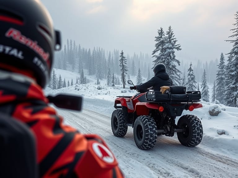 A view of a person riding an ATV through rugged terrain at gulmarg