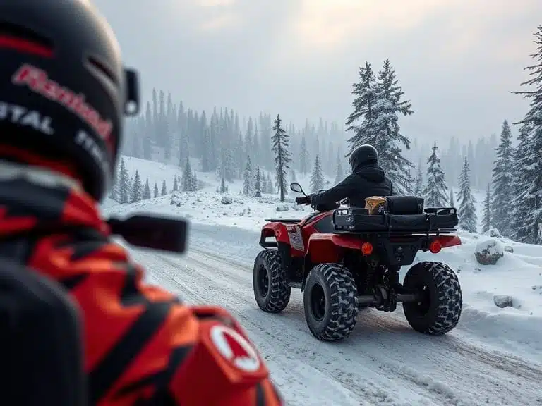 A view of a person riding an ATV through rugged terrain at gulmarg