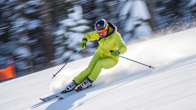 A fast-paced skier descending the slopes of Gulmarg, navigating the challenging terrain with skill and speed.