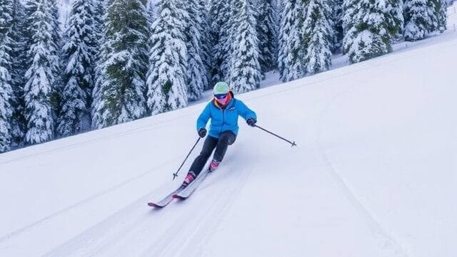 A skier glides down a snowy slope in Gulmarg