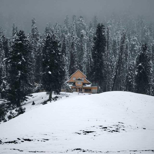 pexels-photo-14374647-14374647 Serene winter scene of a cabin surrounded by snow-covered forest in Gulmarg.